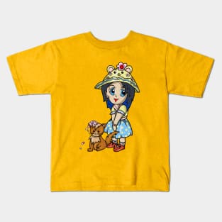 A cute cartoon girl with her cat and pink flowers Kids T-Shirt